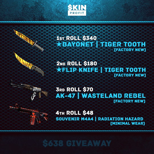 SkinProfit's tweet photo. GIVEAWAY! RT + Follow to WIN Bayonet Tiger Tooth FN +3 more skins worth more than 638$!-  https://t.co/9rBuSW5MLy https://t.co/GHHRKLBDIY