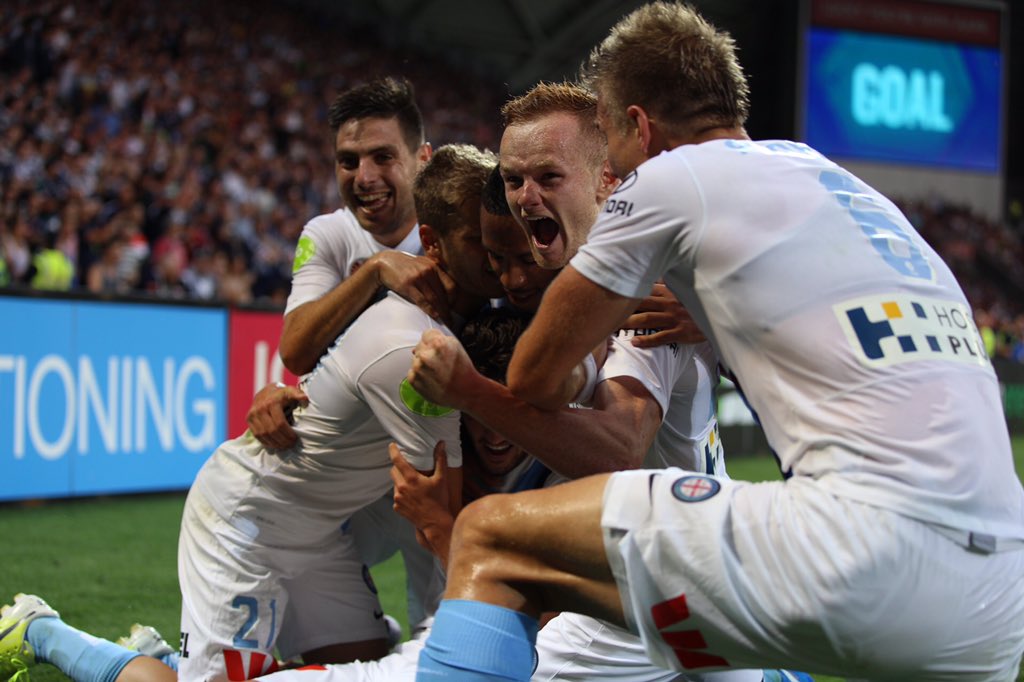 MelbourneCity's tweet photo. Our goal-fest continues as Paulo Retre makes it 2-0! Look at the passion from the boys! #together #MelbDerby https://t.co/keldfeizSR