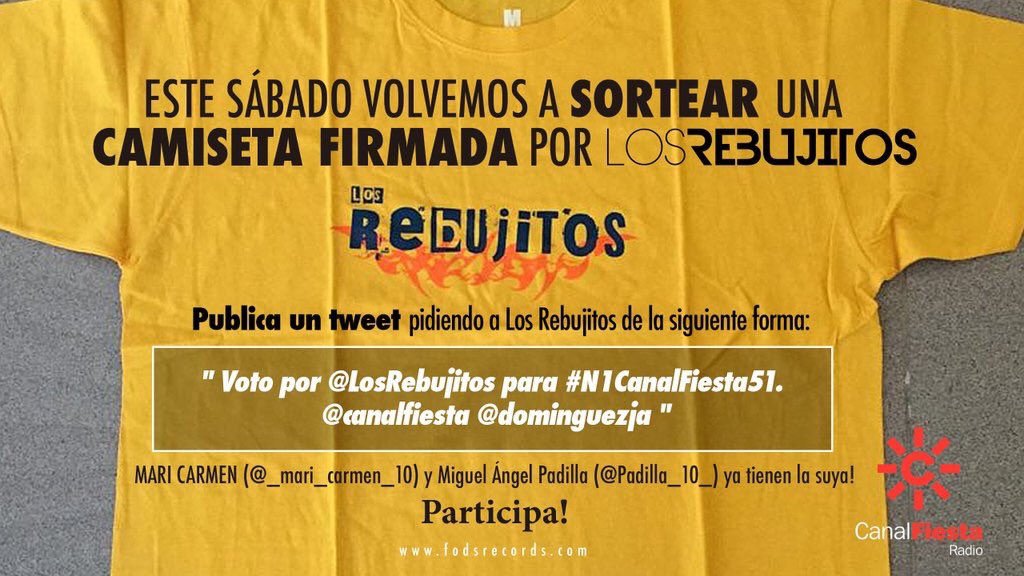 FodsRecords's tweet photo. SORTEO @LosRebujitos!
Sigue las instrucciones de la imagen y entras en el concurso de 1 CAMISETA totalmente GRATIS! https://t.co/hMFfcOP5ML