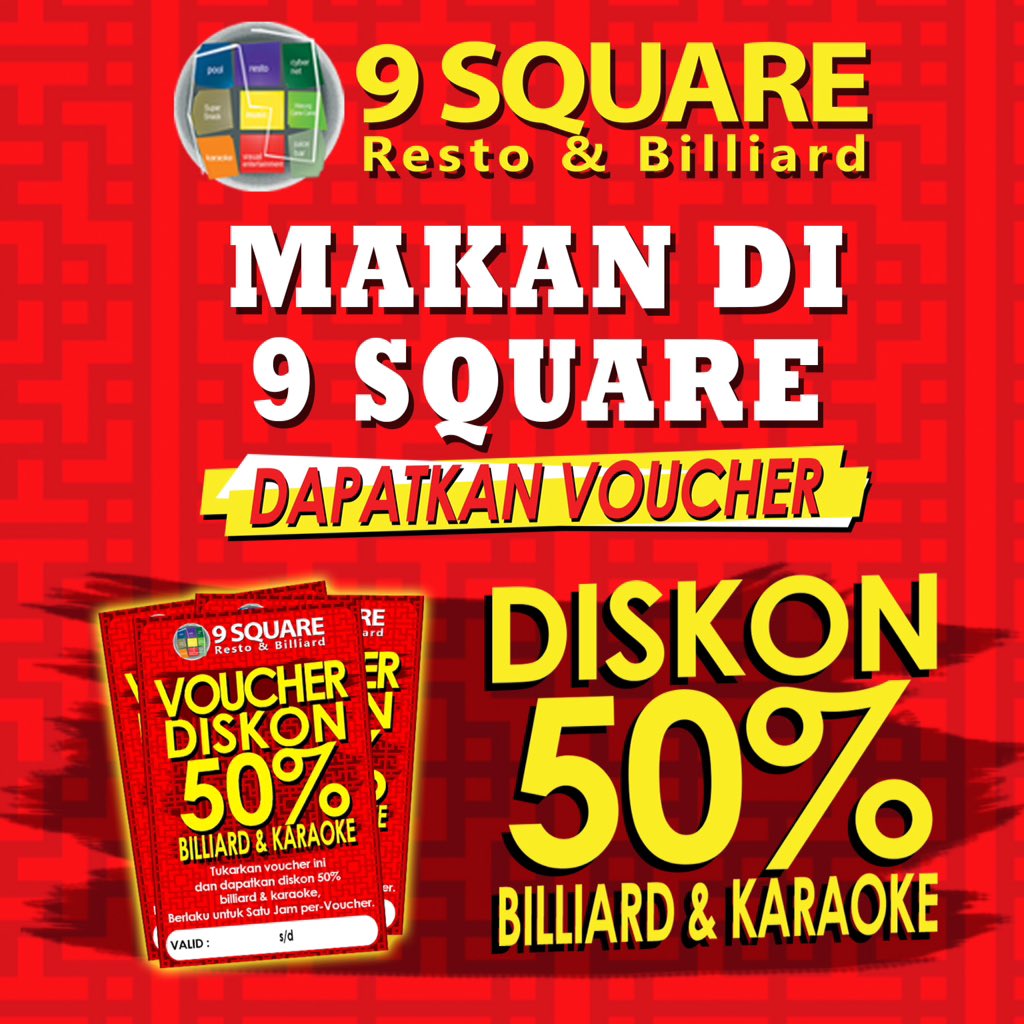 Dapatkan voucher 50% diskon Billiard &amp;Karaoke dgn makan di setiap lantai 9square (nasi campur,karaoke,resto&amp;billiard