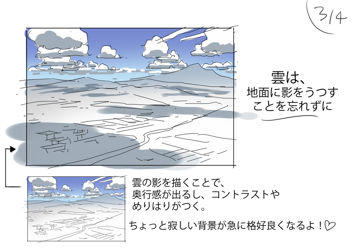 プロが教える 雲の描き方 がとても分かりやすいと好評 雲を描く時も遠近法が効く Togetter