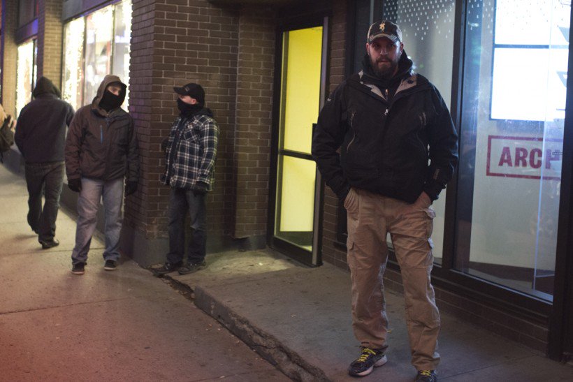 Please share: Photo of 3 of the 4 alleged MTL police undercovers at tonite's protest; one drew a gun. #manifencours