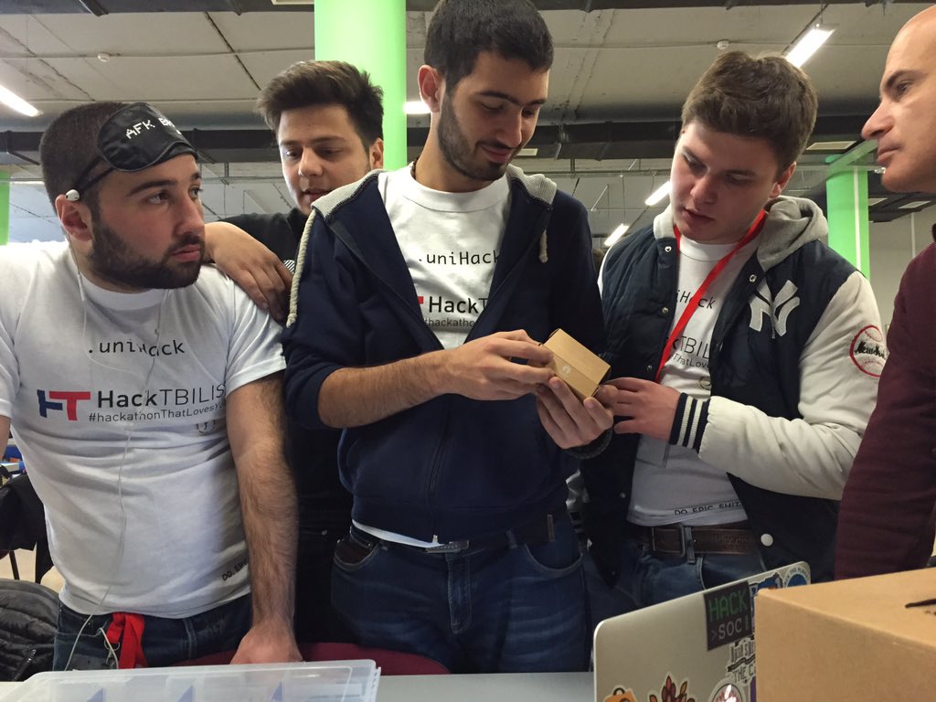 MLHacks's tweet photo. After a late arrival @HackTbilisi and an inspection by customs hackers are now keen to get their hands on hardware https://t.co/T2sjhtIH0E