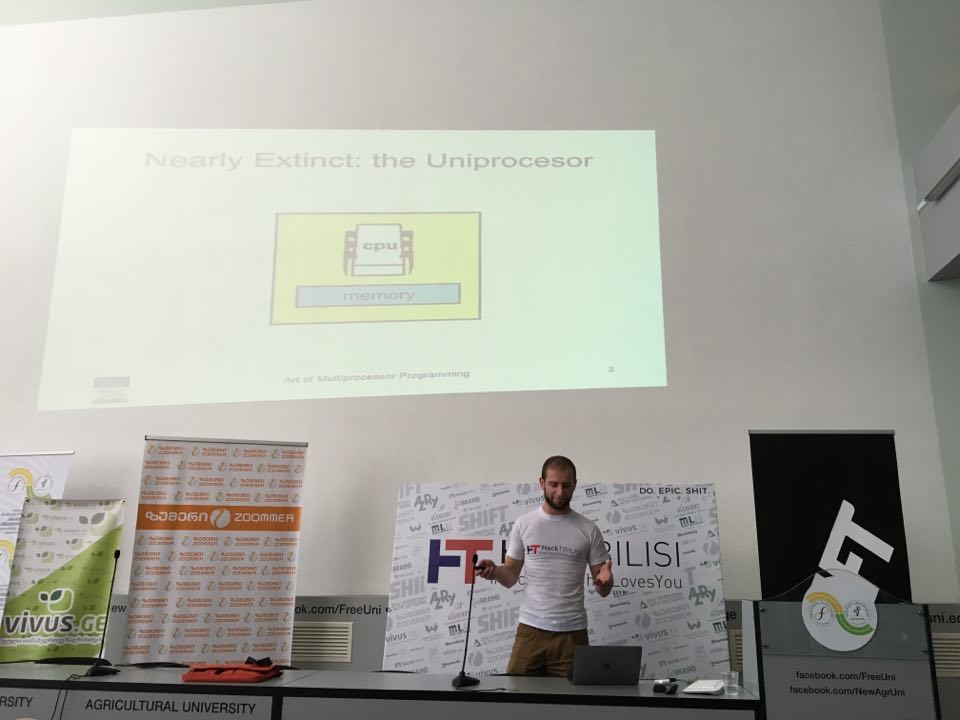hacktbilisi's tweet photo. . @rgelash talk about Multicore Synchronization happening now at @hacktbilisi #hackTBILISI #hackathonThatLovesYou https://t.co/21Baul4a2T