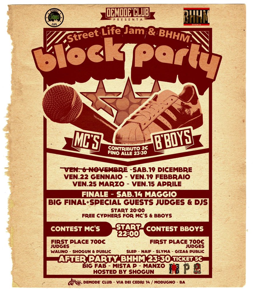 DemodeClub's tweet photo. Stasera: #BlockParty by @BariHipHopMetro &amp; #StreetLifeJam - Contest #MCs &amp; #Bboy - Info: https://t.co/aiRJ7mzYYU https://t.co/8njEN27Yrb