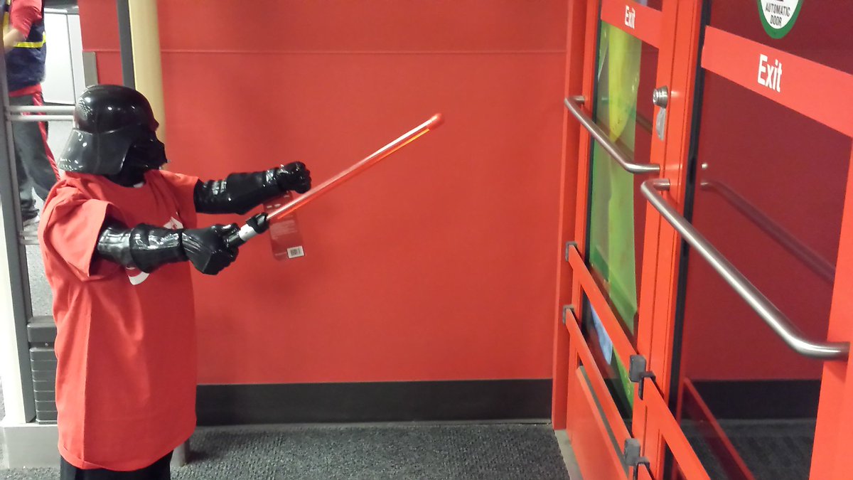 austintarget's tweet photo. Sorry Darth but the force doesn't awaken until 7am today!!! #HeReallyWantsToDriveSales #JointheREDside #ToyDemo10AM https://t.co/tHcS5wxLi4