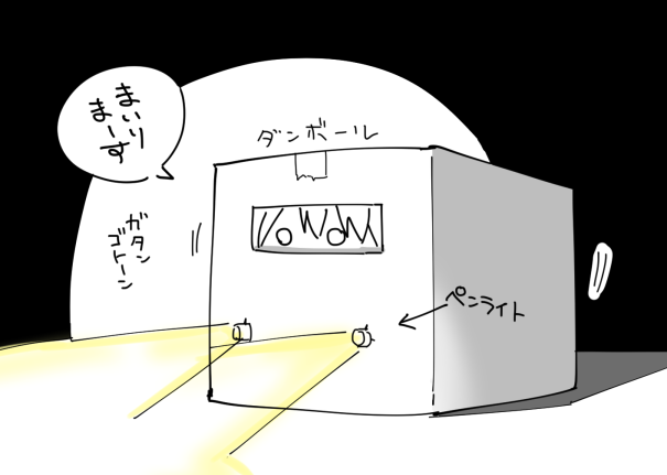 読みきりの柱で書いた「暗闇を走る電車ごっこ」って何?と訊かれるんだけど、子供の頃の遊びで、ペンライトをさしたダンボールをかぶって暗い部屋をゆっくり進むこんなやつです。 