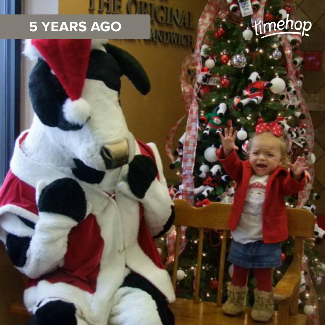 RachelKaiser11's tweet photo. Exactly 5 years ago today! via @timehop Love this pic!  Lila not loving Santa Cow! https://t.co/a9SQSkIjOv