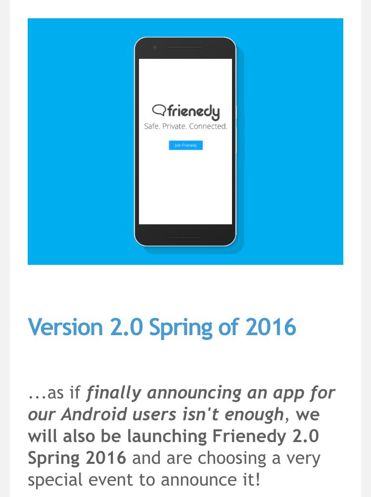 Frienedy's tweet image. Surprise! Android is almost done! Vs 2.0 will be HUGE! Bring it on 2016! #socialMedia #privacyforall