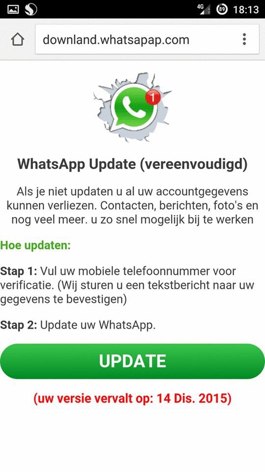 WAARSCHUWING: Valse melding over update #Whatsapp. 
 facebook.com/politiedelft/p… ^ps
