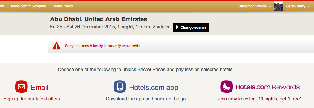 sarahbarry's tweet photo. @hotelsdotcom Is there an issue with the site search? I keep getting an error. https://t.co/KIplIsLBbu