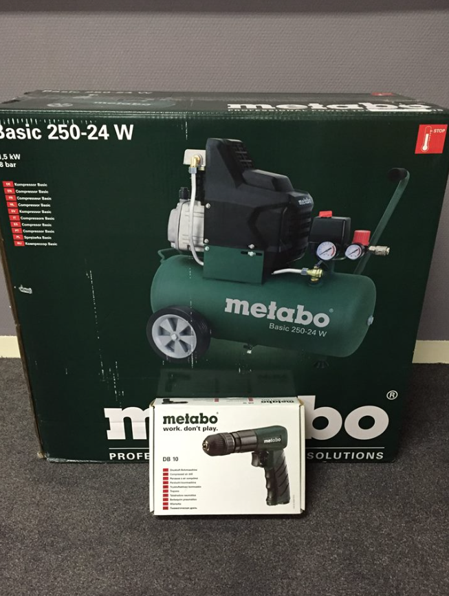 Bus Handelsmij. een Metabo compressor Basic 250 -24W
inclusief een Metabo luchtboormachine. 
#veiling #29januari