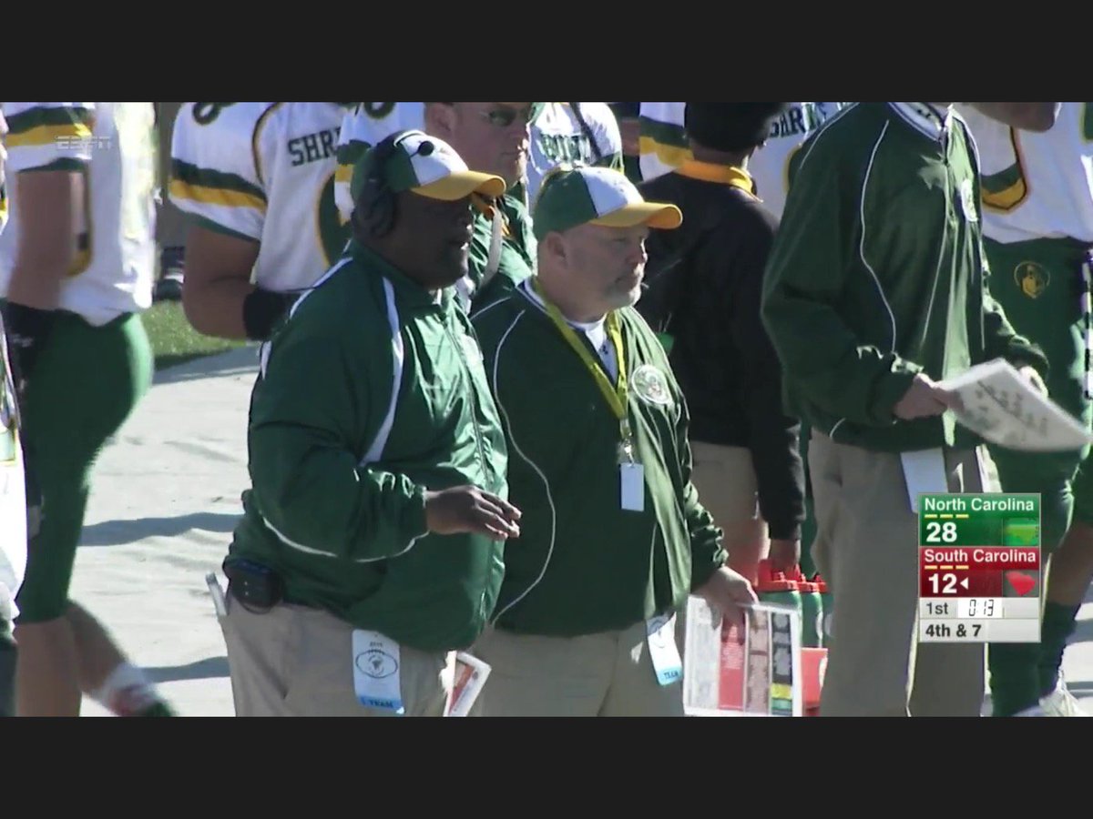 Coach Kirby has the NC Shrine Bowl team up 28-12 at the end of the first quarter!