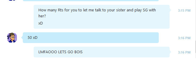DefaultKoda's tweet photo. 50 Rts to Speak and Play SG with @ItzBenjHD  Sister 

LETS GO BOIS 
xDDD https://t.co/kqUtCN2Uc5