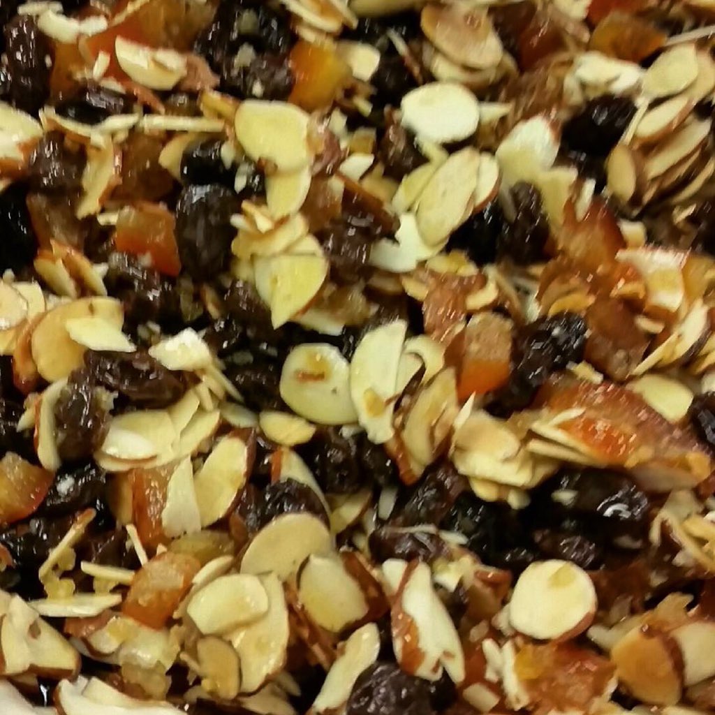 lafarmbakery's tweet image. Soaking toasted almonds, raisins &amp;amp; orange peel in rum for our #Stollen. #Christmastradition #Christmasbread