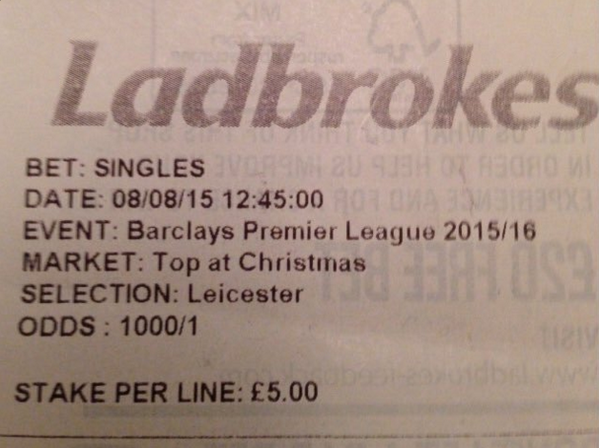 FOXSoccer's tweet photo. Leicester fan wins £5k by backing Foxes to finish atop EPL at Christmas. https://t.co/vFB7573jPM (Pic: @Ladbrokes) https://t.co/kid96k05YG
