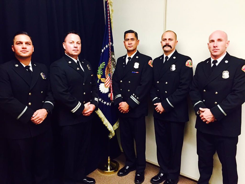 tomhannemann's tweet photo. Proud these guys were able to represent SBFD and other agencies at last night's POTUS visit. #sbcityfire #SBstrong https://t.co/NtffDMh6eH