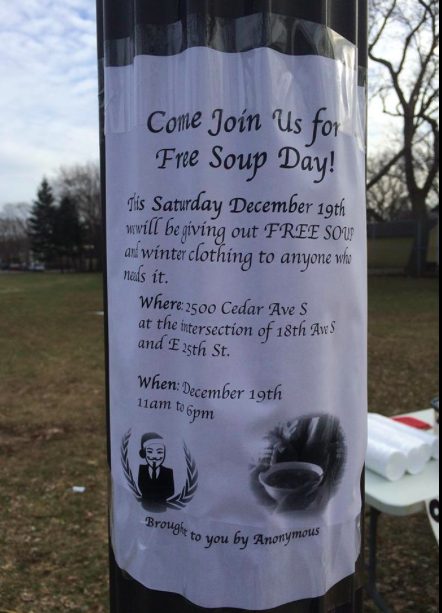 LionsPrideAnons's tweet photo. #FreeSoupDay #OpSafeWinter flyer posted around the neighborhood. https://t.co/5bmJtVmKgR