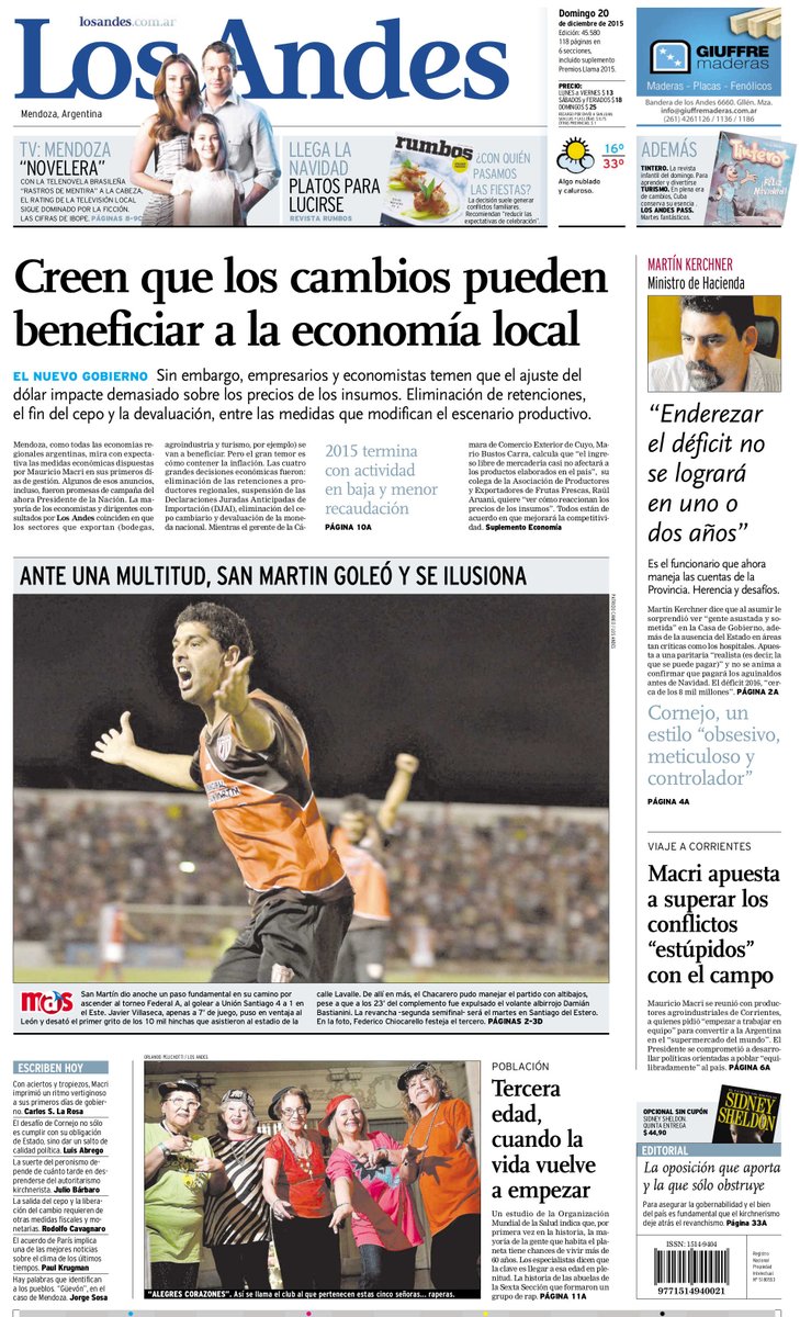 LosAndesDiario's tweet image. Les presentamos nuestra tapa de hoy, domingo 20 de diciembre de 2015.