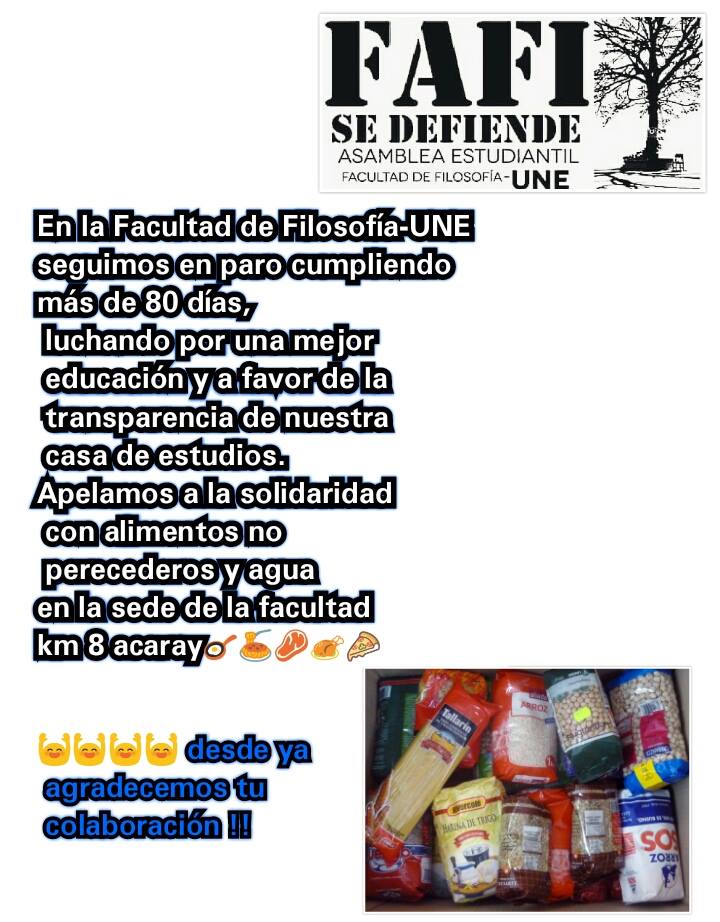 UnaNoTeCallesPy's tweet photo. Compañeros/as de la #FAFIUNE cumplen 80 días de resistencia y solicitan tu ayuda. 
#UNANoTeCalles #FAFISeDefiende https://t.co/E8mTPtFrUA