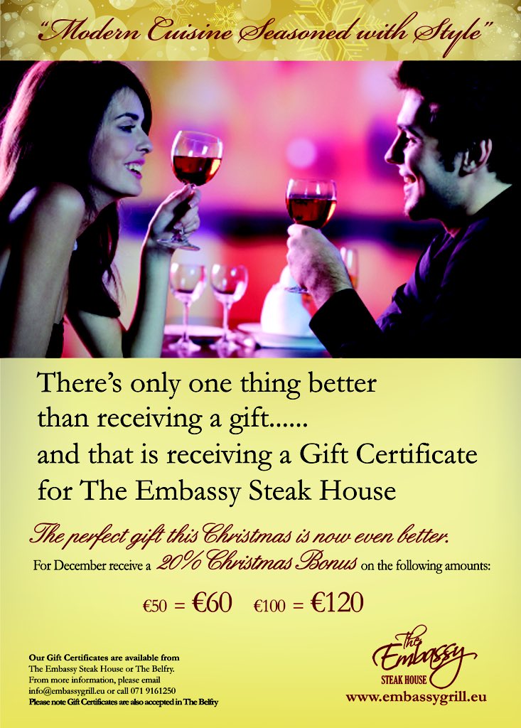 EmbassySteaks's tweet photo. The Gift they want this Christmas just got better - 20% Free Bonus on your Voucher value.
#nobullthebeststeakintown https://t.co/yNB79yKFKJ