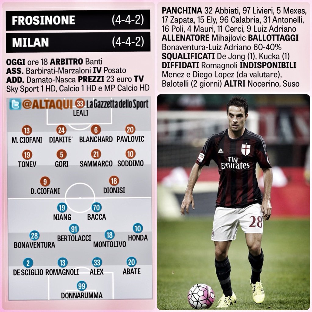 #SerieA> GdS Expected Formation:

<a href="/Frosinone1928/">Frosinone Calcio</a> vs <a href="/ACMilan/">AC Milan</a> 

[ Matusa Stadium, 17:00 GMT ]

#FrosinoneMilan