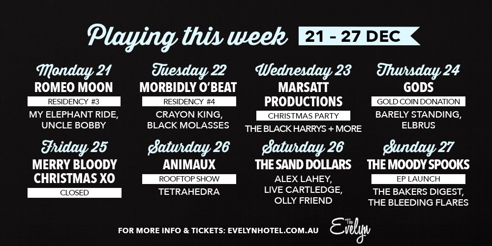 Playing this week: <a href="/romeomoonart/">Romeo Moon</a>, <a href="/AnimauxMusic/">Animaux</a>, <a href="/thesanddollars/">The Sand Dollars</a>, #THEMOODYSPOOKS + more evelynhotel.com.au