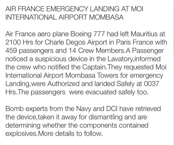 Air France flight 463 diverted to Kenya bomb in lavatory