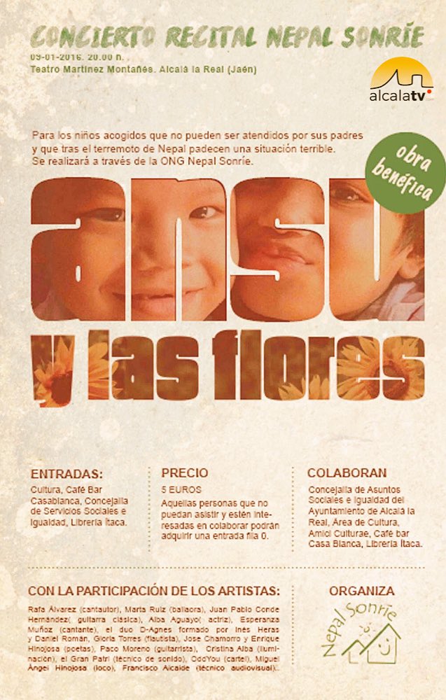 AlcalaTV1's tweet photo. Cita benéfica a favor de #NEPALSONRÍE en el teatro #Alcal��laReal https://t.co/uu5X5wtgGB #AlcalaTV https://t.co/yewmUFbq9z