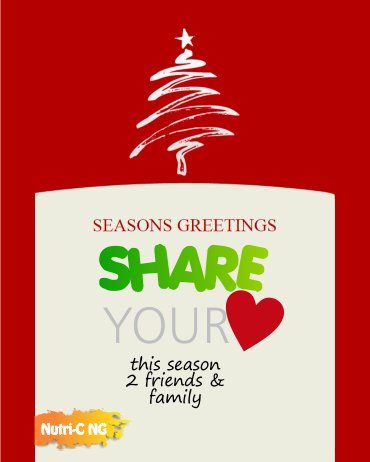 NutriC_NG's tweet photo. SEASON'S GREETINGS! SHARE YOUR LOVE this season 2 friends &amp; family...GREAT DAY! #LoveNShare https://t.co/FUpwJSe6Xt