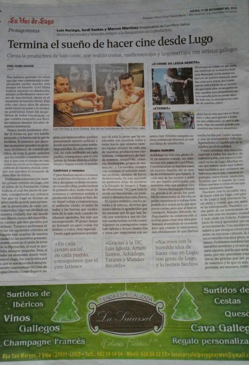 Versión papel de la noticia de nuestro adiós en <a href="/lavozdegalicia/">La Voz de Galicia</a> de #Lugo. Gracias. #Galicia #cinemagalego