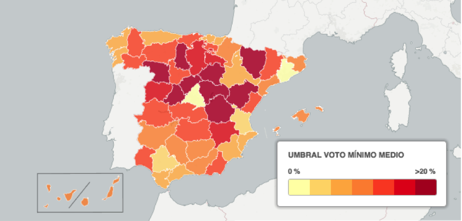 Umbral medio de voto. Cuanto más color, más porcentaje de votos se necesita para lograr escaño @ctxt_es #20conCTXT