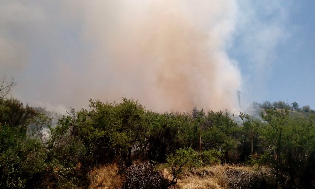 bomba2cl's tweet image. Se quema gran extensión de pasto con peligro de propagación en dos incendios en el sector de las condes @cbsantiago