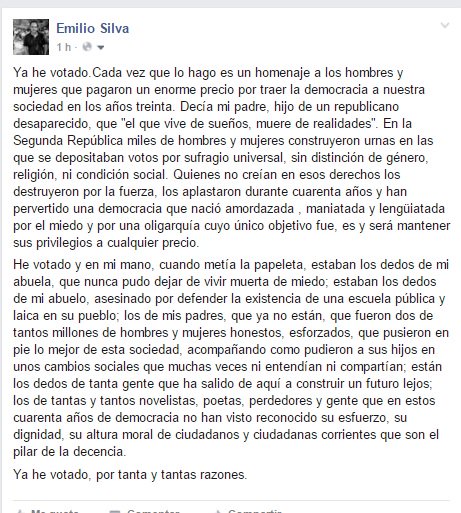 Emilio_Silva_'s tweet photo. Mi mano vota y son muchas manos: la memoria, mis escritores, mis antepasados, los perdedores de esta democracia... https://t.co/kYUeiNXw80