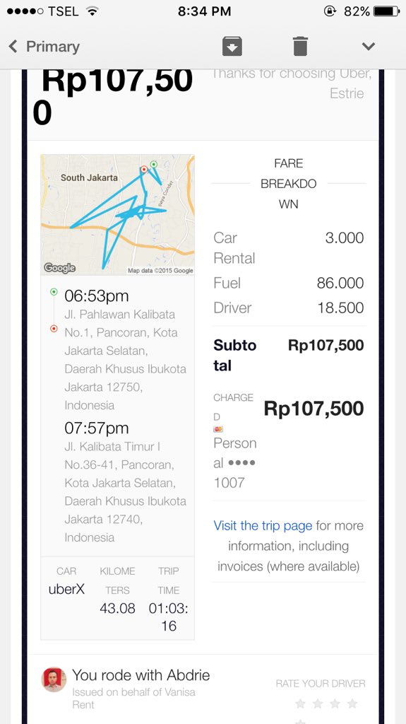 otheotheo's tweet photo. @Uber_JKT kmrn sy psn uber rute kalibata-citos,tp pas smp tujuan ga di end trip,lalu muncul receipt begini https://t.co/FxRavlKRnz