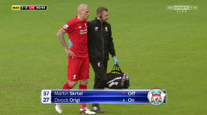 SkySportsPL's tweet photo. SUBSTITUTION.

Skrtel limps off. Origi is on.

LIVE on Sky Sports 2 https://t.co/7hM3DRFlVm

#SuperSunday https://t.co/G6d4IJAfad