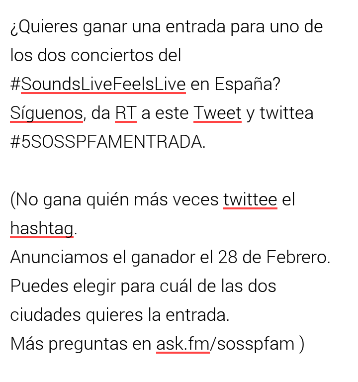 5SOSSPFAM's tweet photo. NUEVO CONCURSO
¿QUIERES GANAR UNA ENTRADA PARA UNO DE LOS CONCIERTOS DE 5SOS EN ESPAÑA?
AQUÍ EXPLICAMOS COMO HACERLO https://t.co/oR8dEDkwYn