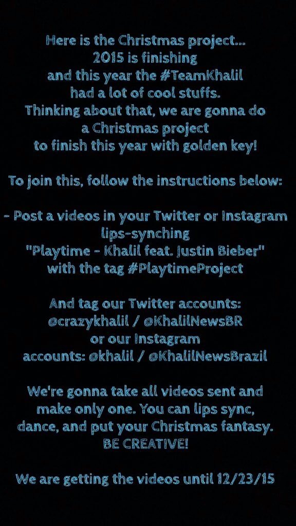 KhalilNewsBR's tweet photo. Não se esqueçam de enviar o vídeo. Até dia 23/12 🔥 #PlaytimeProject https://t.co/VwHT2FGF4Z