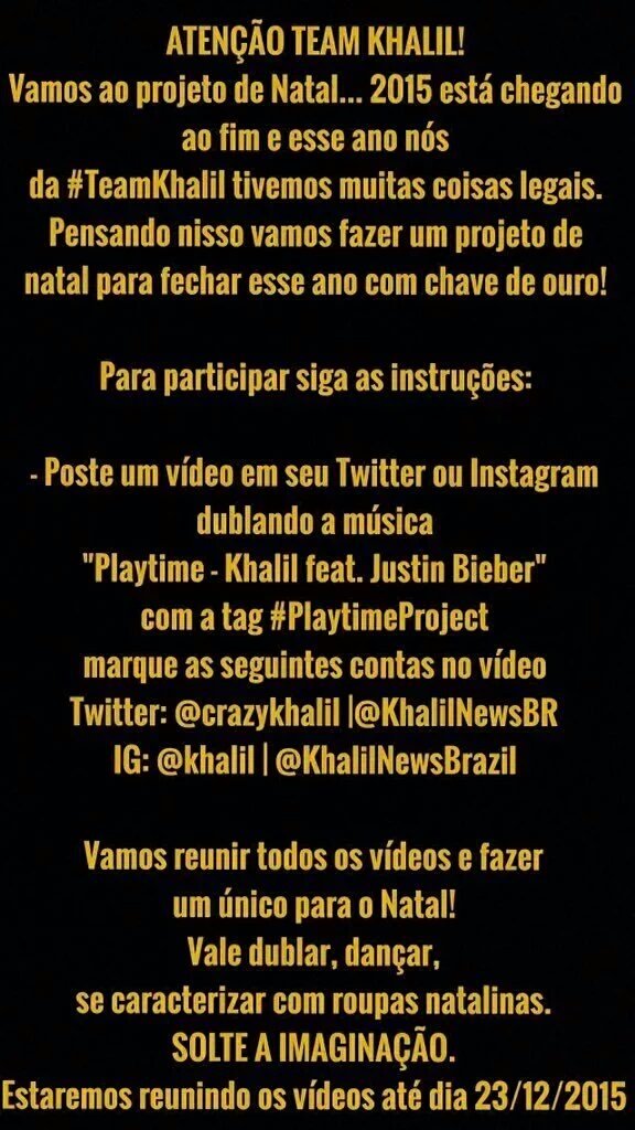 KhalilNewsBR's tweet photo. Não se esqueçam de enviar o vídeo. Até dia 23/12 🔥 #PlaytimeProject https://t.co/VwHT2FGF4Z