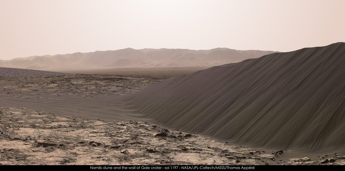 Rainmaker1973's tweet photo. The 4m tall Namib dune Lee face &amp; Gale crater rim @MarsCuriosity Sol 1197 https://t.co/IyBOvdFtjx by @thomas_appere https://t.co/MeyLtApQFw