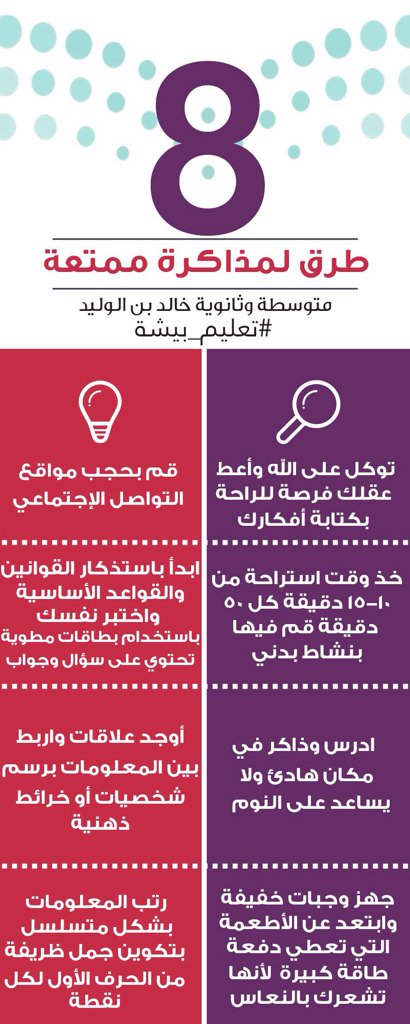 Bisha_Volunteer's tweet photo. #لكل_طالب_وطالبة 
8 طرق لمذاكرة ممتعة 
#الإختبارات 
#أيام_الاختبارات 
@bishaedu @ien__sa https://t.co/W7sJdqMpaf