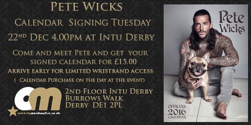 Celebrity_Merch's tweet photo. Only tow days to @P_Wicks01 calendar signing @intuDerby.  Wrist bands for queue available from 11.00am- see u there! https://t.co/St082QM844