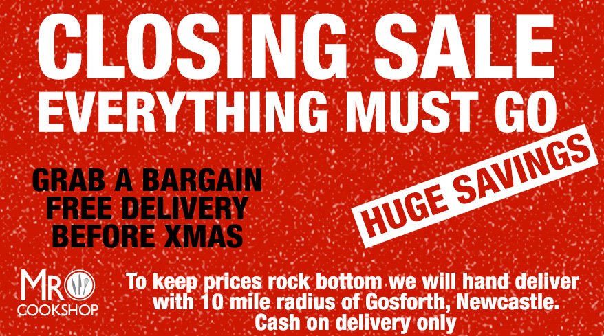 We've slashed all cookshop prices in our closing down sale  free Ncl delivery. Please share mrcookshop.com