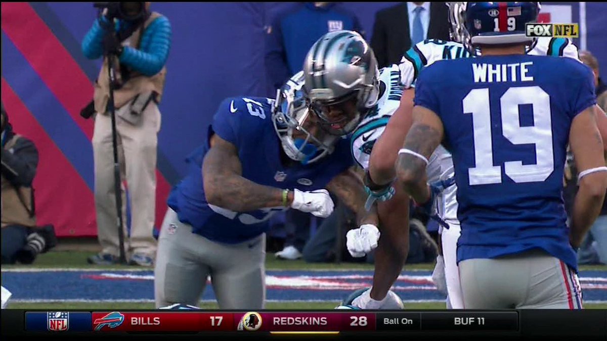 NFLonCBS's tweet photo. Odell Beckham Jr landed a brutal helmet-to-helmet hit on Josh Norman away from the play. https://t.co/oU1go7uyeO