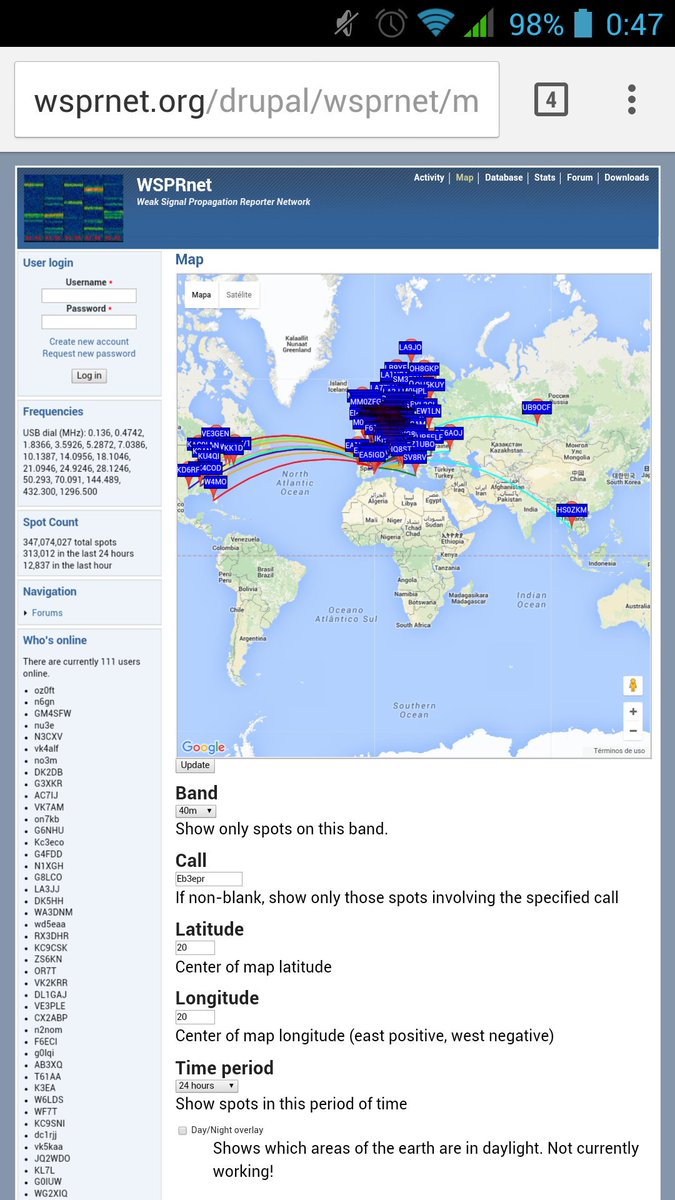 #WSPR reports for the last 24 hours.500mW and vertical epr-806 antenna. #qrp