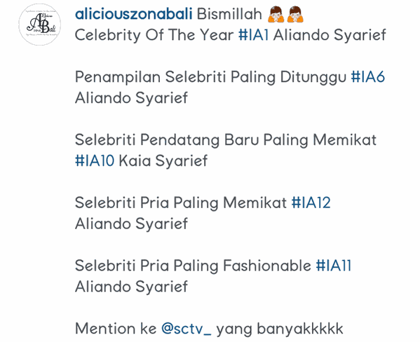 ALIANDOO_FAN's tweet photo. Hai guys! Dukung terus ya @alysyarief @Kaiaaa23 agar masuk nominasi. Thanks https://t.co/7EeghV4Hc4 #ALC47
