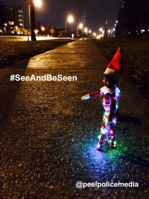 PeelPolice's tweet image. A pedestrian safety reminder to wear something reflective when walking at night or on low visibility days #PRPElf