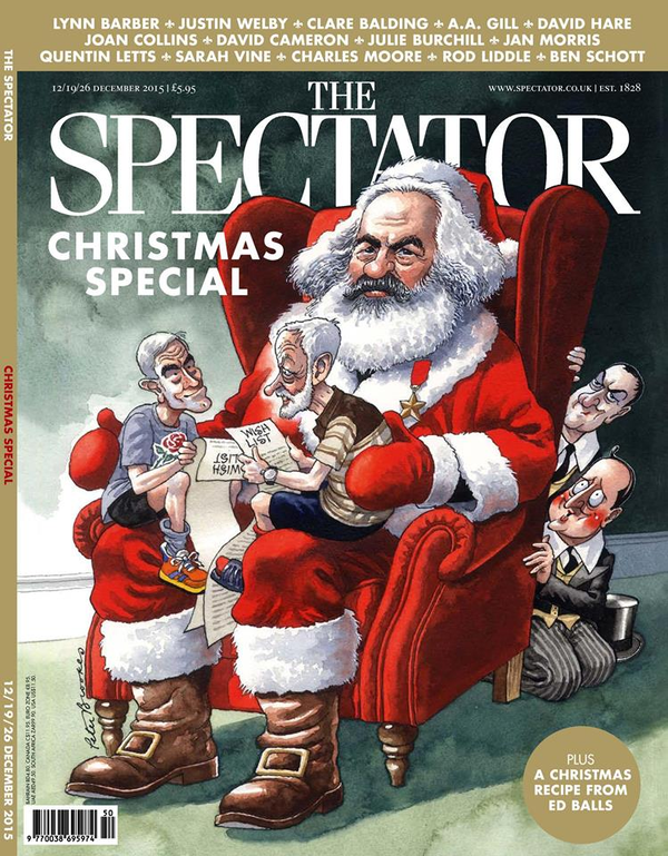 Tom___Scott's tweet photo. Surprising to see Cameron &amp; Osborne cowering from Karl Marx as jovial Santa on @spectator's Xmas cover https://t.co/6ne4DeAeIw