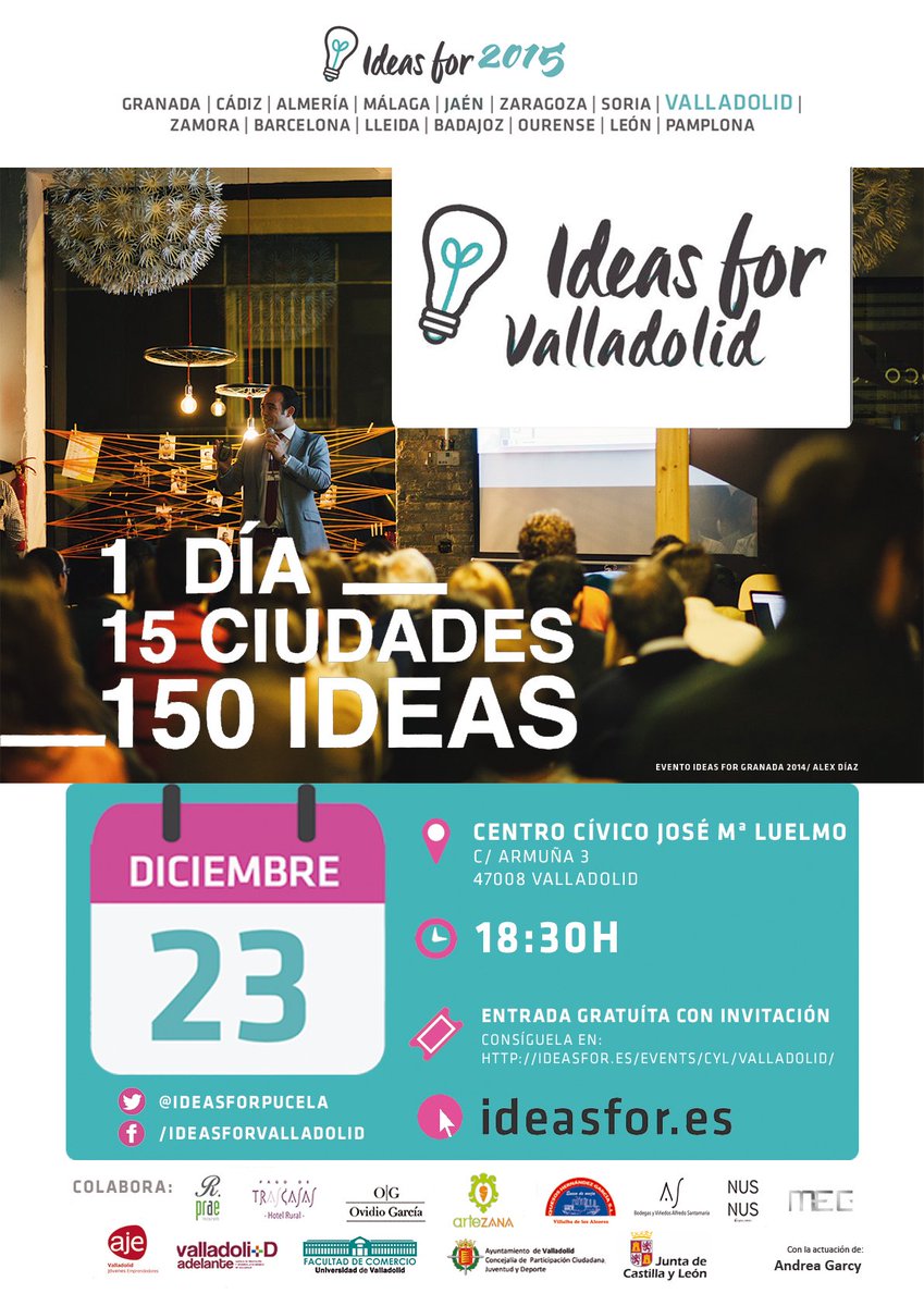 IdeasForPucela's tweet photo. ULTIMOS DÍAS para conseguir tu entrada gratuíta para el evento #IdeasFor en #Valladolid! https://t.co/aM3CDwS2f8 https://t.co/zXatbNZMHO