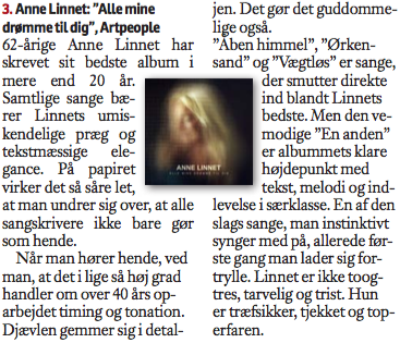 artpeopledk's tweet photo. . @fyensdk har kåret årets bedste danske plader. Anne Linnets “Alle Mine Drømme Til Dig” ligger på en flot 3 plads https://t.co/LHo10hn8LK